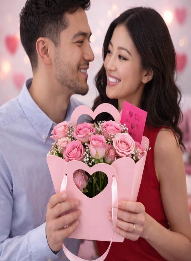 اويسيس مجموعة أواسيس من 10 أكياس زهور بنافذة على شكل قلب مع مقبض من شريط ساتان، أكياس تغليف زهور ورقية لتنسيقات الزهور، وتغليف سلال الهدايا، وتغليف مناسبات بائعي الزهور لعيد الحب وحفلات الزفاف والمناسبات الخاصة، 22 × 21 × 10 سم | وردي - Image 5